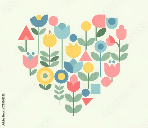Heart shape formed by simple, geometric flowers and leaves in a folk-art or Scandinavian style, using a cheerful, modern color palette.