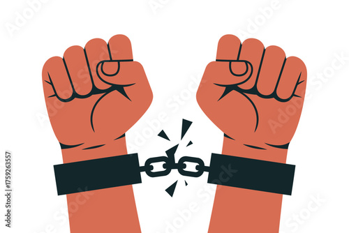 Vector art of hands breaking free from chains, symbolizing freedom and liberation