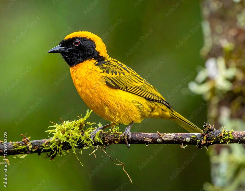 Naklejka premium A vibrant, small bird with striking yellow plumage and a black face perches on a moss-covered branch against a blurred, green backdrop
