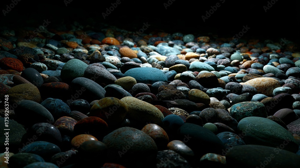 Obraz premium Hyperrealistic Macro Shot of Assorted River Stones with Intricate Textures, Top-Down Perspective in Dim Natural Light, Evoking Tranquility and Natural Beauty