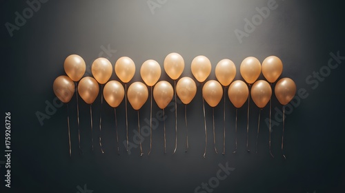 matte. A cluster of golden balloons against a black wall, symbolizing celebration and joy. public awareness campaigns, NGO reports, designed for public awareness campaigns and NGO communications.