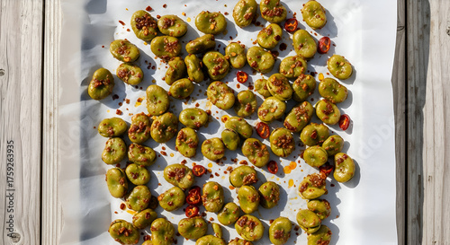 Delicious and spicy fava beans and tomatoes appetizer ready to serve on a wooden table