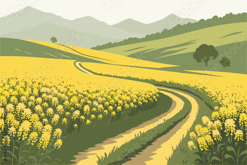 Curving dirt road through a vibrant yellow rapeseed field with rolling hills and mountains