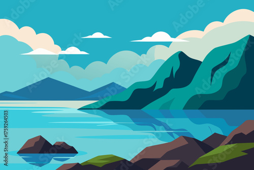 Stylized flat illustration of a serene lake with mountains and clouds
