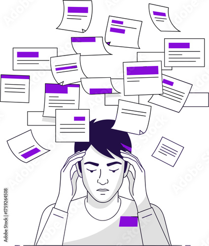 An illustration depicts a person overwhelmed by numerous floating documents, symbolizing stress, pressure, and information overload in a modern work environment.