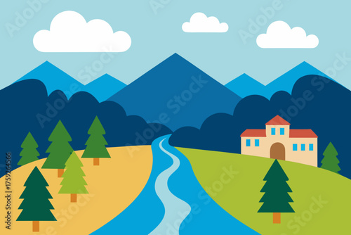 Stylized landscape with mountains river and house