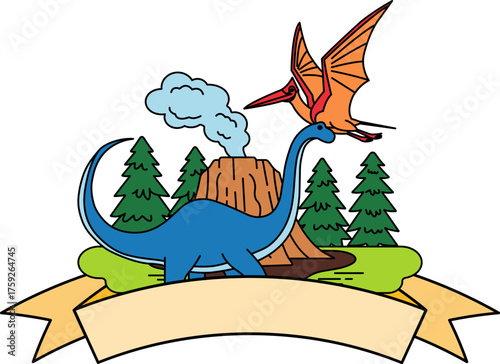 logotype of two dinosaurs is next to a volcano