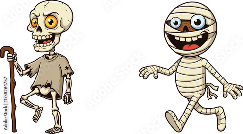 cartoon skeleton character, cartoon mummy illustration, halloween costume clipart, spooky cartoon art, funny halloween drawing, creepy costume design, playful scary artwork