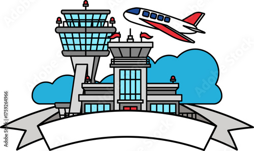 logotype of an airport with a plane flying over it