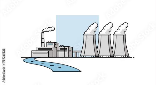 An illustrated view of a power plant with smokestacks emitting steam, depicting energy production and environmental impact in a simplified style.