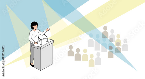 A woman delivers a speech at a podium, addressing an audience with projected lights in a modern illustration style.