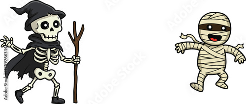 Cartoon skeleton wizard with staff and cheerful mummy dancing together, fun spooky Halloween illustration for kids seasonal festive holiday design