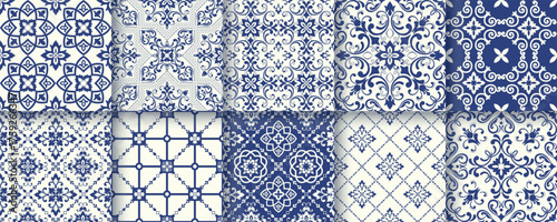 Collection of 10 flower Azulejo tiles. Seamless colorful patterns in azulejo style. Floor tile oriental collection seamless textures. Portugal spanish ceramics. Vector
