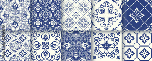 Collection of 10 flower Azulejo tiles. Seamless colorful patterns in azulejo style. Floor tile oriental collection seamless textures. Portugal spanish ceramics. Vector
