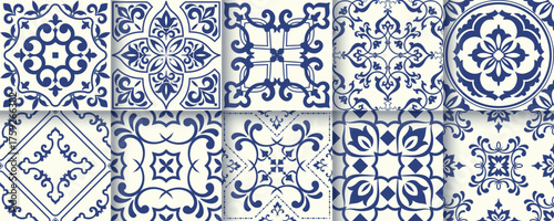 Collection of 10 flower Azulejo tiles. Seamless colorful patterns in azulejo style. Floor tile oriental collection seamless textures. Portugal spanish ceramics. Vector
