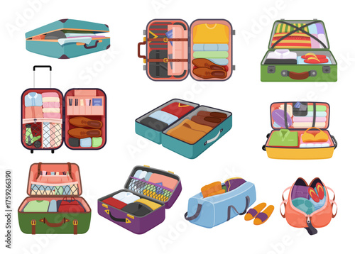 A set of open suitcases displaying neatly folded clothing, shoes, and travel accessories. Perfect for illustrating travel and leisure.