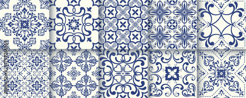 Collection of 10 flower Azulejo tiles. Seamless colorful patterns in azulejo style. Floor tile oriental collection seamless textures. Portugal spanish ceramics. Vector
