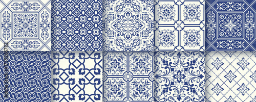 Collection of 10 flower Azulejo tiles. Seamless colorful patterns in azulejo style. Floor tile oriental collection seamless textures. Portugal spanish ceramics. Vector
