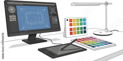A modern graphic design workspace features a computer display with a blueprint, a tablet with a stylus, and a color palette for creative work.