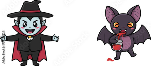 Cartoon vampire with wide hat and cape smiling beside mischievous bat holding cup of blood, fun spooky Halloween kids illustration