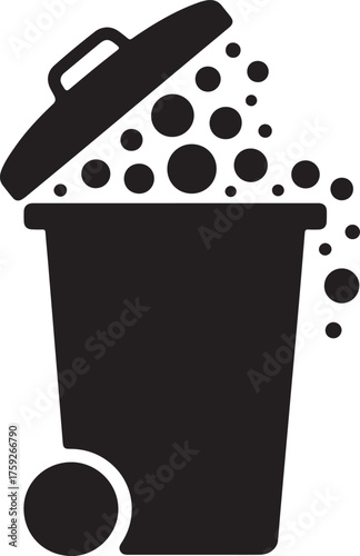 Black and white of a trash can with overflowing garbage isolated on white background