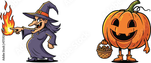 Cartoon witch casting magic spell with flame and pumpkin head character holding candy basket, fun spooky Halloween illustration for kids design