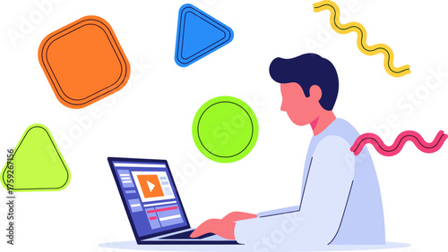 A man works on a laptop with colorful shapes floating around, representing creativity and digital content creation in a modern design.