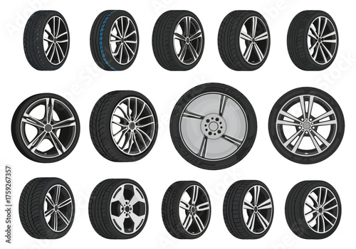 Array of fifteen car wheelstires diverse rim designs  tread patterns