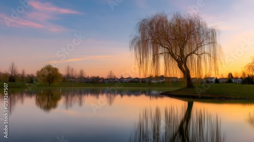 willow. Tranquil lakeside scene with weeping willow and pastel sky mirrored in calm waters. travel magazines, destination branding, designed for outdoor magazines and nature guides.