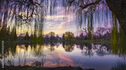 willow. Tranquil lakeside scene with weeping willow and pastel sky mirrored in calm waters. travel magazines, destination branding, designed for outdoor magazines and nature guides.