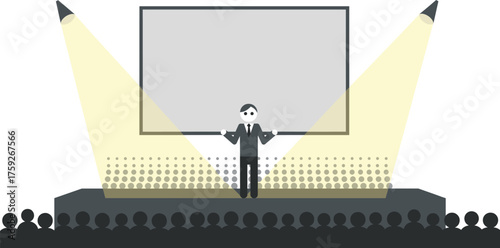 A businessman gives a presentation on stage, illuminated by spotlights, with a large screen behind him and an audience in attendance.