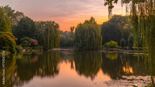 willow. Tranquil lakeside scene with weeping willow and pastel sky mirrored in calm waters. travel magazines, destination branding, designed for outdoor magazines and nature guides.