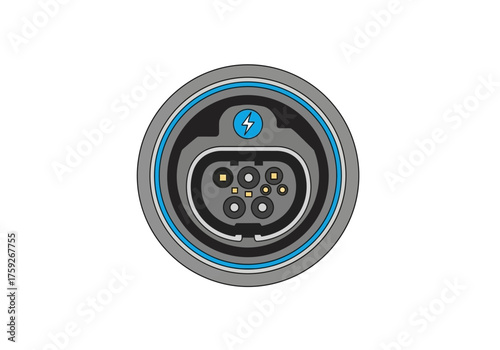 Round EV connector with multiple pins  a lightning bolt symbol showcasing charging technology