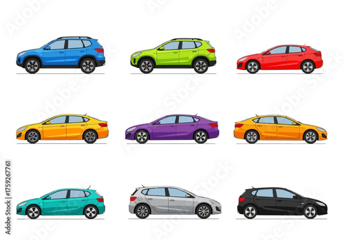Pixelated cars of varied colors organized in a grid pattern against a white background