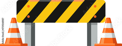 A vector illustration shows a road barrier with warning stripes and traffic cones, indicating construction or a hazard ahead.