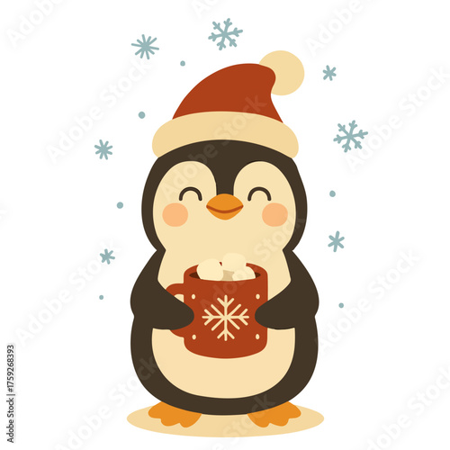 Adorable penguin holding a mug of hot chocolate. Vector cartoon illustration isolated on white background. Cozy winter and Christmas design for greeting vards, prints, kids and festive clipart.