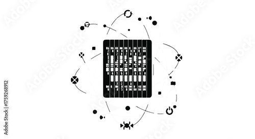 Abstract representation of a central processor surrounded by connected data points
