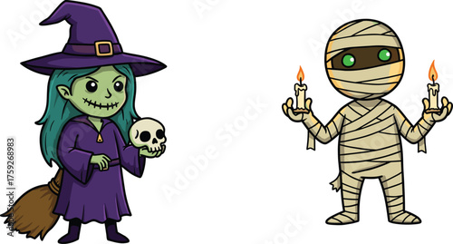 Cartoon witch with skull and broomstick standing beside playful mummy holding candles, fun spooky Halloween illustration for kids seasonal design