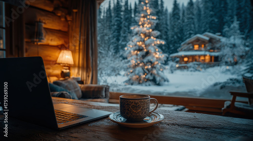 Cozy cabin interior with laptop and coffee cup on wooden table, overlooking snowy landscape with decorated Christmas tree and another cabin in background. Warm and inviting atmosphere