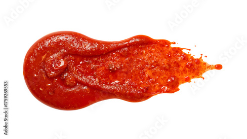 Spicy tomato sauce splash isolated on white, hot red condiment texture for cooking, pizza, pasta, and culinary design