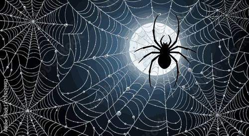 Mysterious spiderweb glistens with dew under a full moon creating an eerie yet beautiful Halloween atmosphere