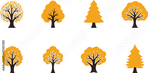Vector art of set of eight stylized trees with yellow foliage and bare branches