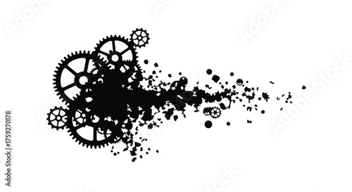 Intricate clockwork gears dissolving into abstract particles, representing mechanical breakdown or transformation.