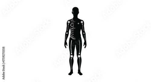 Human anatomy diagram showing skeletal structure with glowing joints on a black silhouette