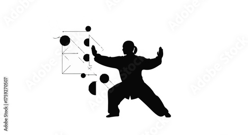 Silhouette of a person practicing martial arts with abstract geometric shapes and circles, symbolizing discipline and movement.