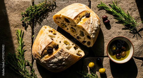 Delicious artisan olive bread with fresh herbs and olives, perfect for food photography
