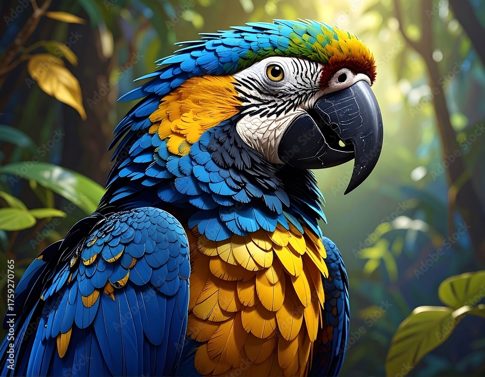 Obraz premium Close-up of a vibrantly colored macaw in lush jungle foliage