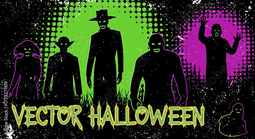 Spooky Halloween monsters emerge from the darkness with vibrant neon outlines ready for your chilling designs