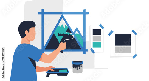 Man painting a mural of mountains on a wall with a roller and paint tray