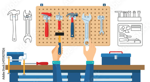 Workshop Tools Organized on Pegboard and Workbench Display